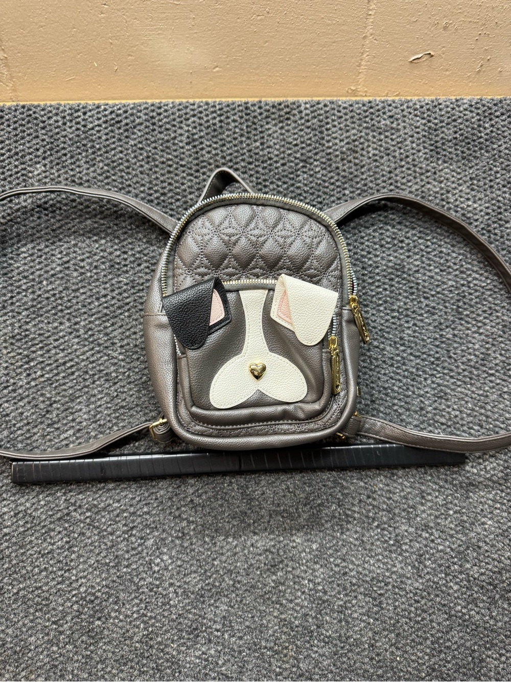 Betsey Johnson Metallic Gray Dog Face Mini Backpack